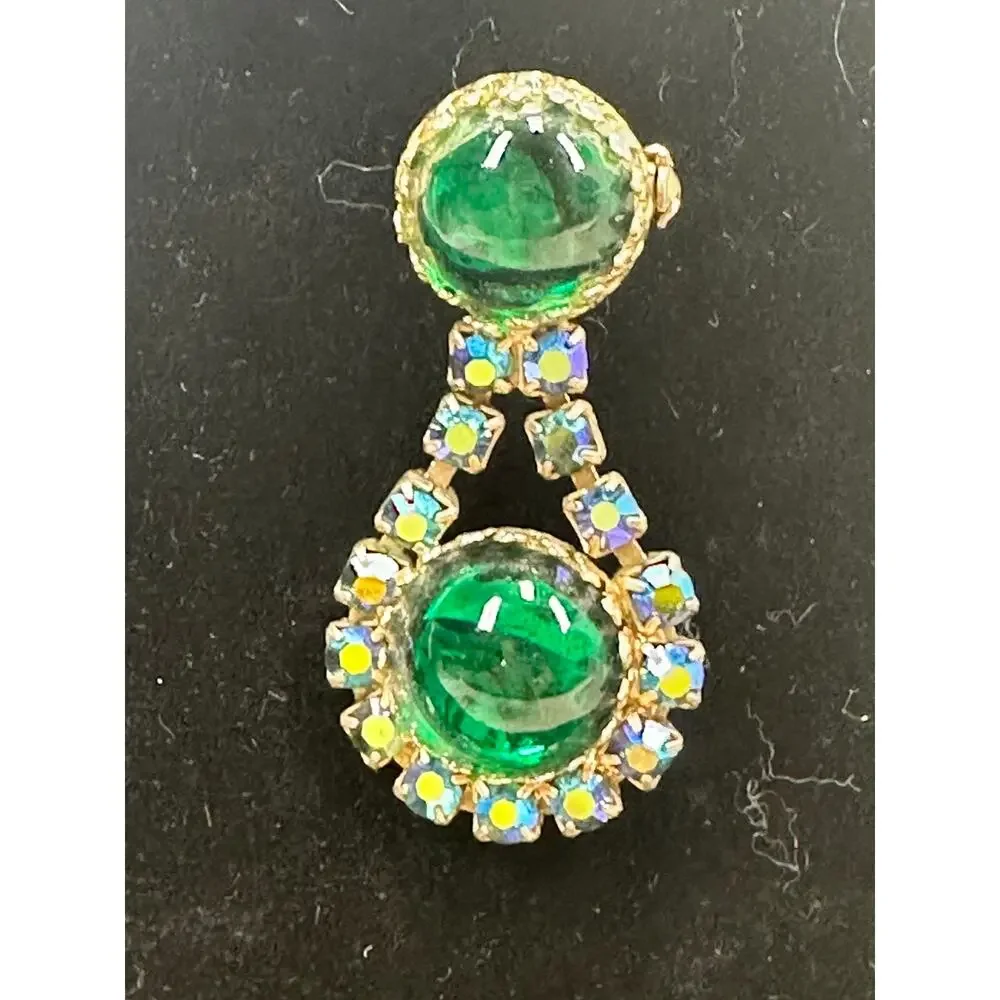 Vintage Gold-Tone Brooch MCM Green Cabochon and Iridescent Rhinestone Estate